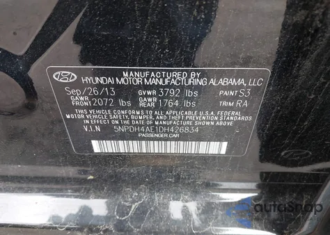 2013 Hyundai Elantra Gls from USA, damaged, VIN 5NPDH4AE1DH426834